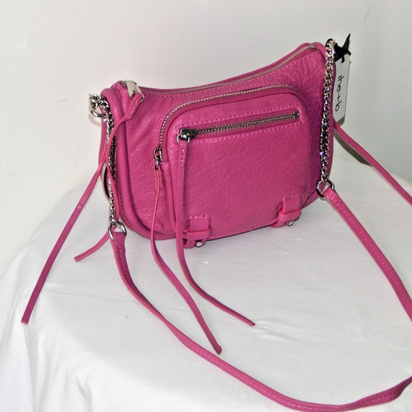 NWT SHE LO Genuine Pebbled Leather RISE ABOVE Chain Link Fuchsia Crossbody Bag - Picture 2 of 13